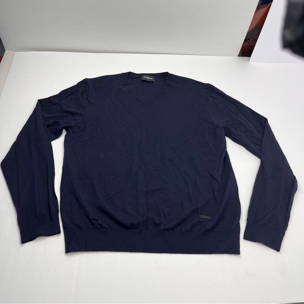 The Kooples Wool Cashmere Blend V-Neck Sweater W/ Piping Men SZ Large Navy Blue